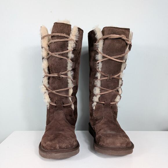 Ugg Tall Lace Up Boots 8 Brown Suede Whitley  Boho Shearling Fur Knee Sheep Ski - Picture 3 of 13